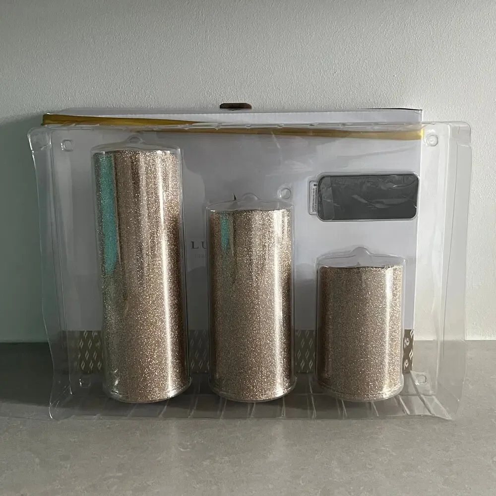 Luminara Set of 3 Champagne Glitter Pillars w/Remote NEW